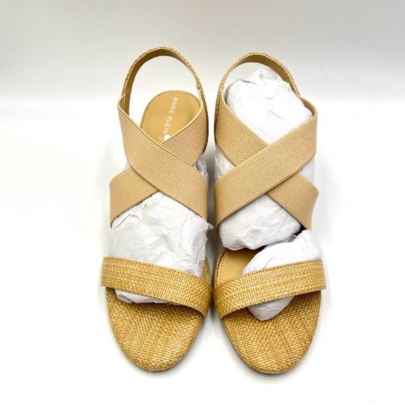 Anne Klein Ressa Beige Natural Raffia Woven Open Toe Block Heels Sandals Shoes - Picture 2 of 13